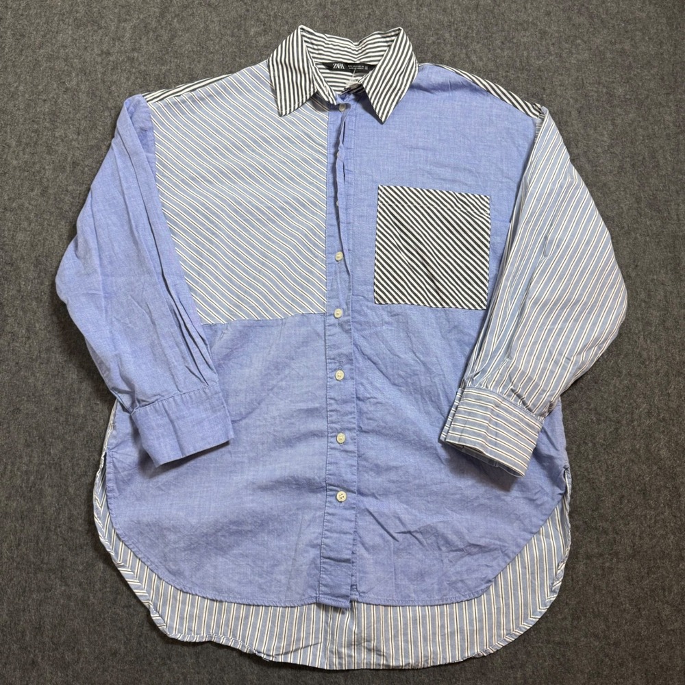 Zara Womens Small Blue Mixed Stripe Oversized Cotton Button Down Shirt Pockets